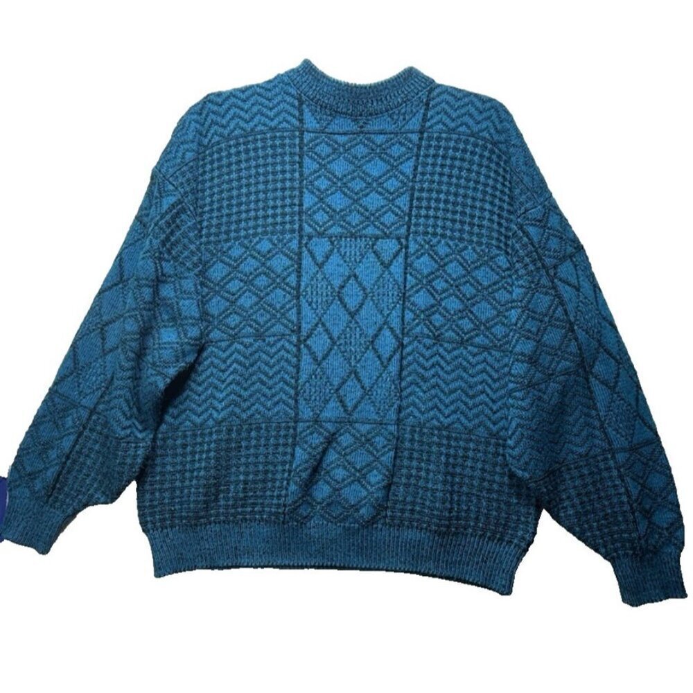 Vtg 80s 90s Grandpa Knit Sweater Patchwork Geometric Cosby Men's Sz L Blue Black